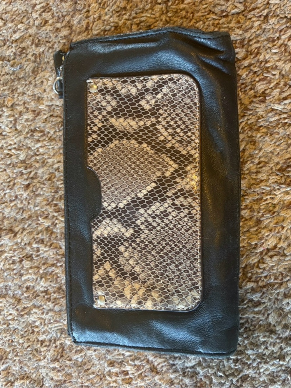 Margot Black Leather Clutch/Wallet with Snake-Print Panel